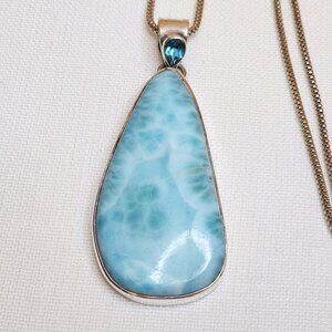 Larimar & Aquamarine Gemstone Pendant Necklace – Sterling Silver 925